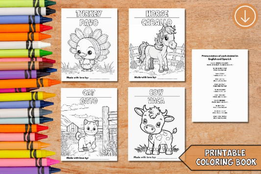 Barn Yard Bilingual coloring and learning - 14 pages